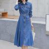 2024 Spring Korean Style Mid-Length Denim Dress - Women's Casual Waist, Long Sleeves, Trendy Fashion Skirt.