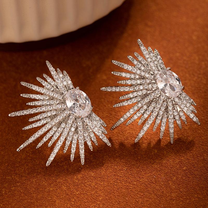 Sun Ray Earrings for Women, Set with Zircon for Light Luxury and Luxury, Vintage and Unique Jewelry Gift