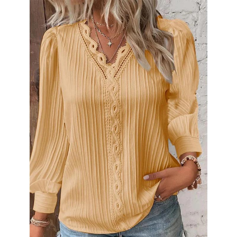 Long Sleeve V-Neck Fine Elegant Woman Shirts Lace Spliced Hollow Office Lady Blouses Youthful Fashion Loose Streetwear Tops
