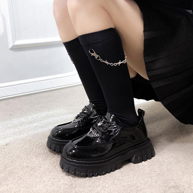 Fashion Metal Chain Chunky Platform Pumps Women 2024 Spring Thick Bottom Patent Leather Loafers Woman Lace Up Black Jk Gothic Shoes