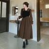 Hepburn-Style Long-Sleeve Midi Dress: Chic Autumn Design, Slimming High Waist, Plus Size, Fake Two-Piece Look