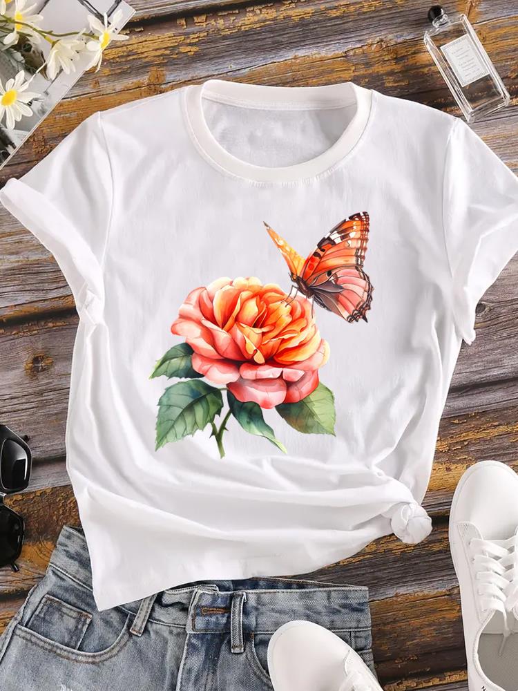 (Asian Size) Clothing T Shirt Love Heart Flower Cute Fashion Ladies Casual Women Tee Top Short Sleeve Print Lady Female Graphic T-shirts