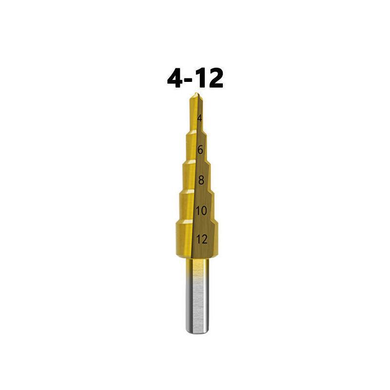 High-speed Steel Titanium-plated Step Drill Set for Hole Enlargement, with Hexagonal Shank and Pagoda Design.