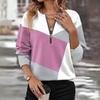Women's Color Block V-Neck Zip Sweatshirt - Loose Fit, Long Sleeve, Autumn/Winter Collection, In Stock