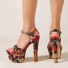 Liyke Mixed Colors Flowers Print Platform Sandals Women Weave Narrow Band Open Toe 14CM Super High Heels Party Banquet Shoes