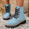 Fashion Light Blue Denim Platform Ankle Boots for Women Lace Up Non Slip Combat Shoes Woman Autumn Winter Fashion Short Boots Plus Size