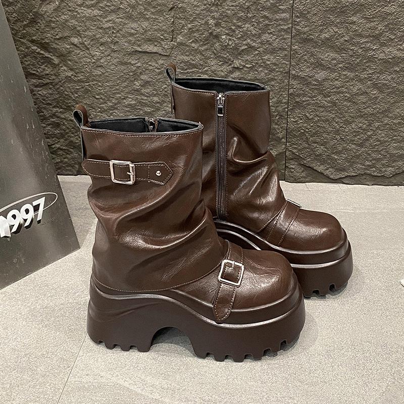 Fashion Women Leather Boots New Winter Motorcycle Boots 9.5CM Wedge Heels High Platform Chunky Shoes Woman Autumn Thick Sole Punk Boots