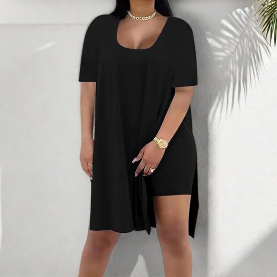 Women Plus Size 2 Piece Outfits Side Split Short Sleeve Tunic Tops And Skinny Biker Shorts Sets Summer Lounge Tracksuit