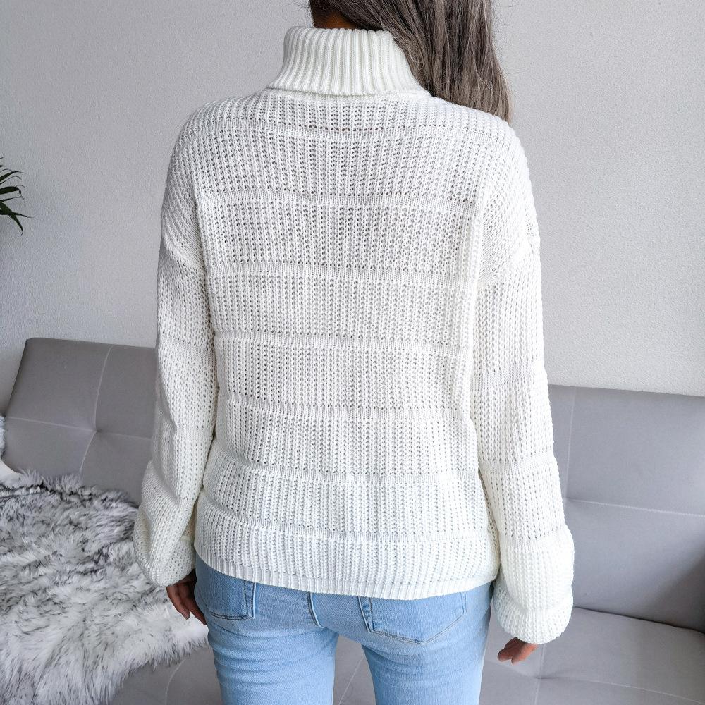 GMXIA Women's Fashion Casual Solid Color Autumn Winter Long Sleeve High Neck Loose Cut-out Bottom Knit Sweater