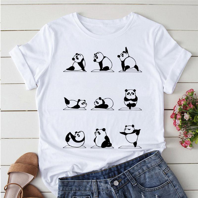 Aesthetics Cute Panda Print Women Basic Tees Cartoon Top O-Neck Simple Tee Short Sleeve T-Shirt Ladies Tees Graphic White Tshirt