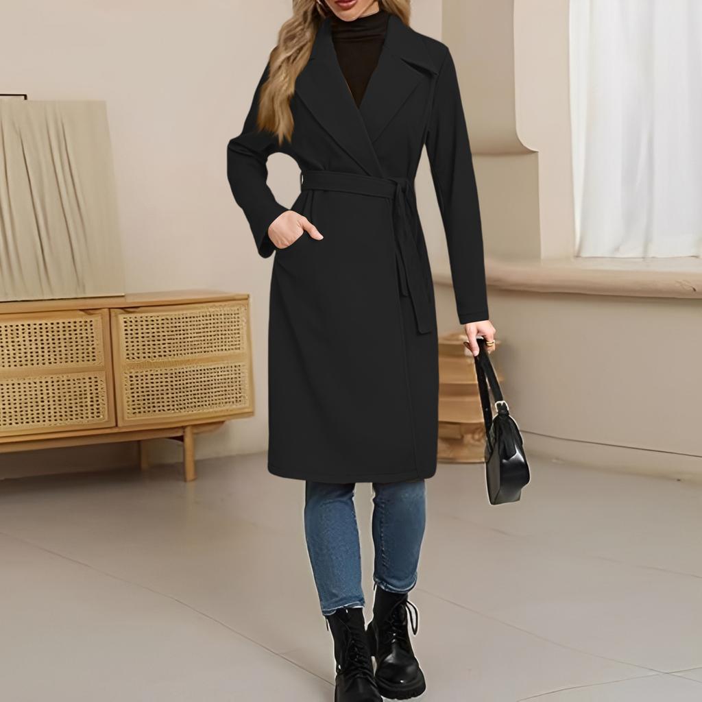Women's Casual Fashion Solid Color Long-sleeved V-neck Tie Long Woolen Coat