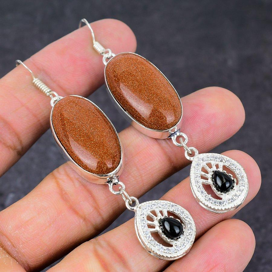 Red Sunstone, Onyx Gemstone 925 Sterling Silver Gift Jewelry Earring 3.15"