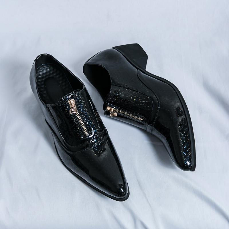 Leather Shoes For Men High-heeled Society Spike Leather Shoes Man British Style Business Platform Formal Zipper Leather Shoes