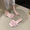 Korean Version Thick Heel One-word Wool Low Heel Foreign Style Fluffy Slippers Bow Square Head Casual Lazy Drag Comfortable Women's Shoes Winter
