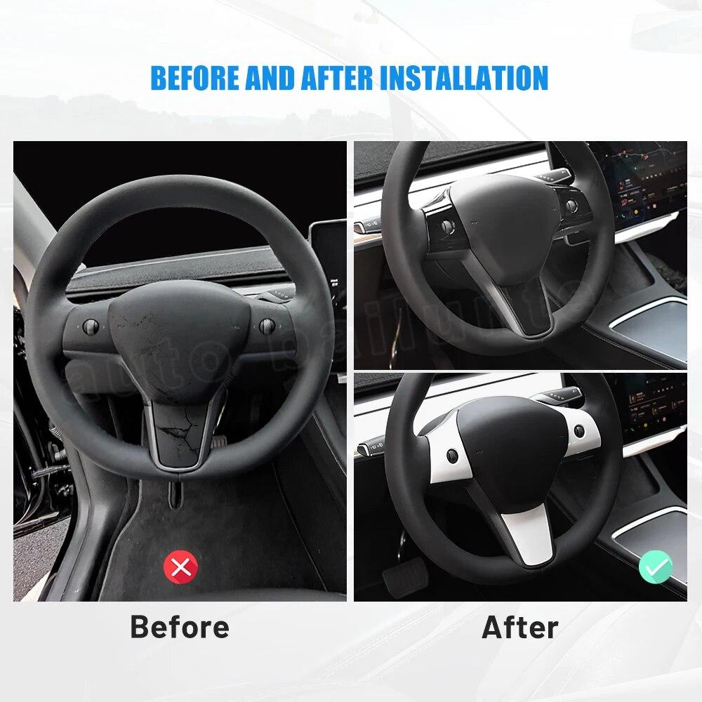 For Tesla Model 3 Model Y 2023 2022 3Pcs Car Interior Accessories Steering Wheel Decor Stickers Carbon Fiber Trim