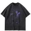 Streetwear Castle Graphic Oversized Washed Black T-Shirt Cotton Unisex Long Sleeves T Shirt