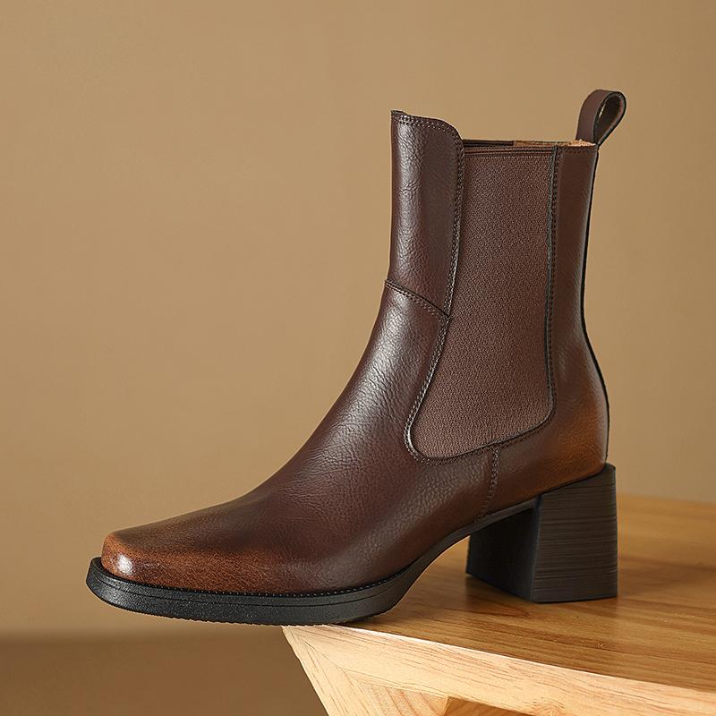 2025 New Split Leather Boots Women Square Toe Elastic Band Chunky High Heels Autumn Winter Ankle Boots Ladies Office Dress Shoes