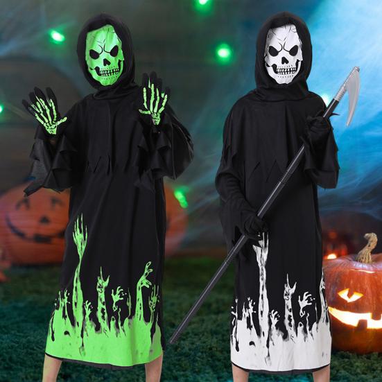 Halloween Grim Reaper Costume for Kids Glow-in-the-Dark Cosplay Outfit with Scythe for Halloween Parties Dress-Up