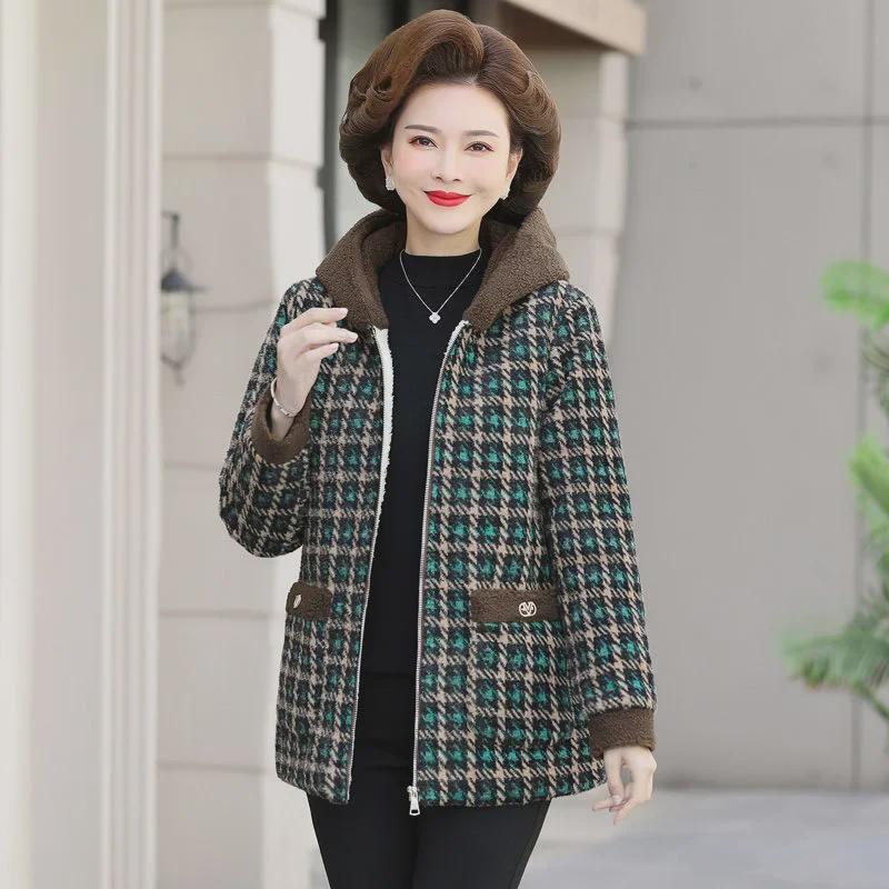 Women's Plush Hooded Lamb Fleece Jacket - Winter Thickened Plaid Short Coat Trendy Casual Top