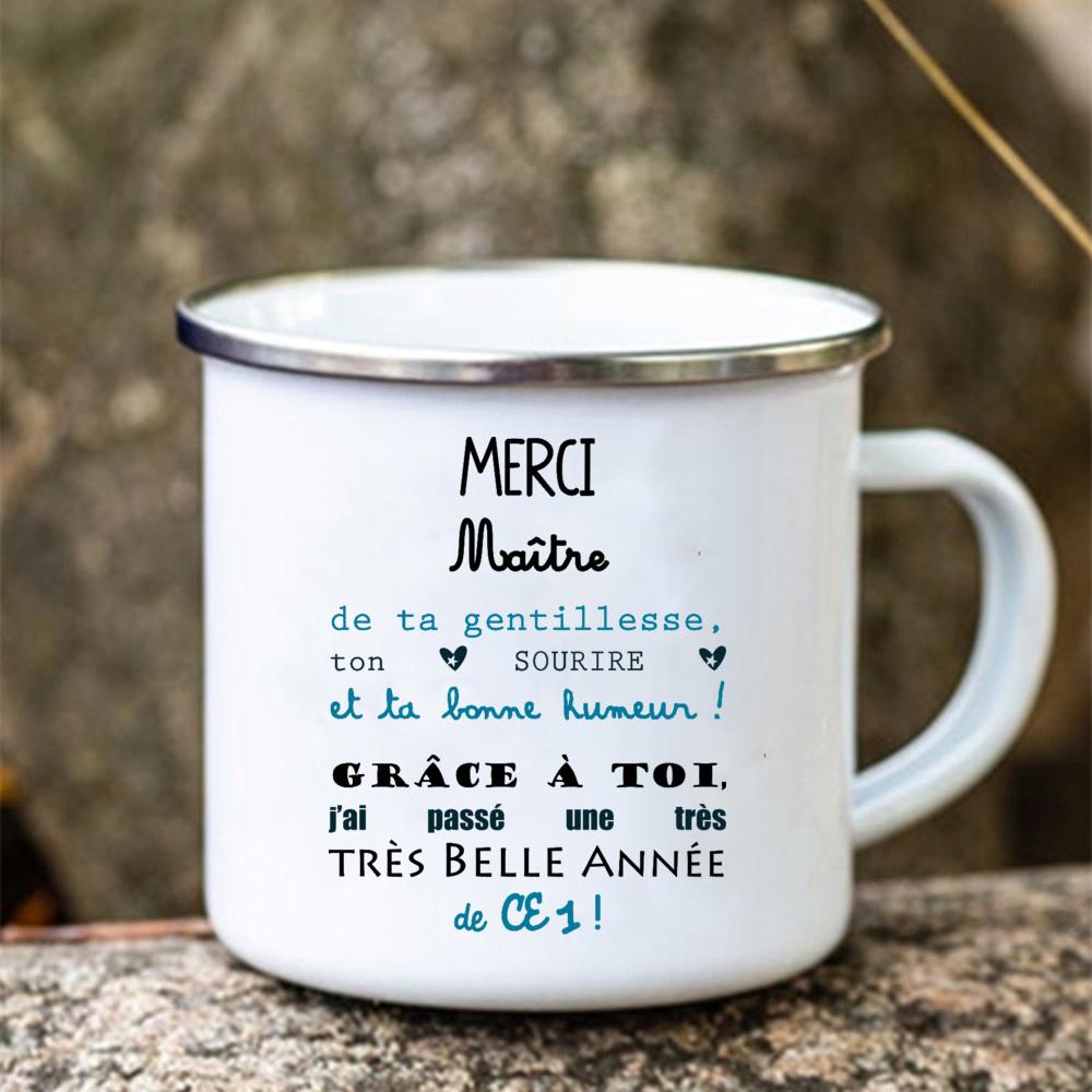 Merci Maitre Printed Mug Creative Coffee Tea Cups Drinks Water Cup Enamel Mugs School Home Retro Handle Drinkware Teacher Gifts