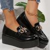 Fashion Elegant Chunky Heel Loafers Shoes Women Metal Detor Black Wedges Shoes Woman Spring Autumn Pu Leather Loafers Shoes Ladies