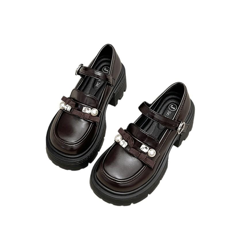Platform British Style Small Leather Shoes Women's Versatile Single Shoes Bow One-word Buckle Japanese Jk Shoes Heightening Thick Heel Loafers