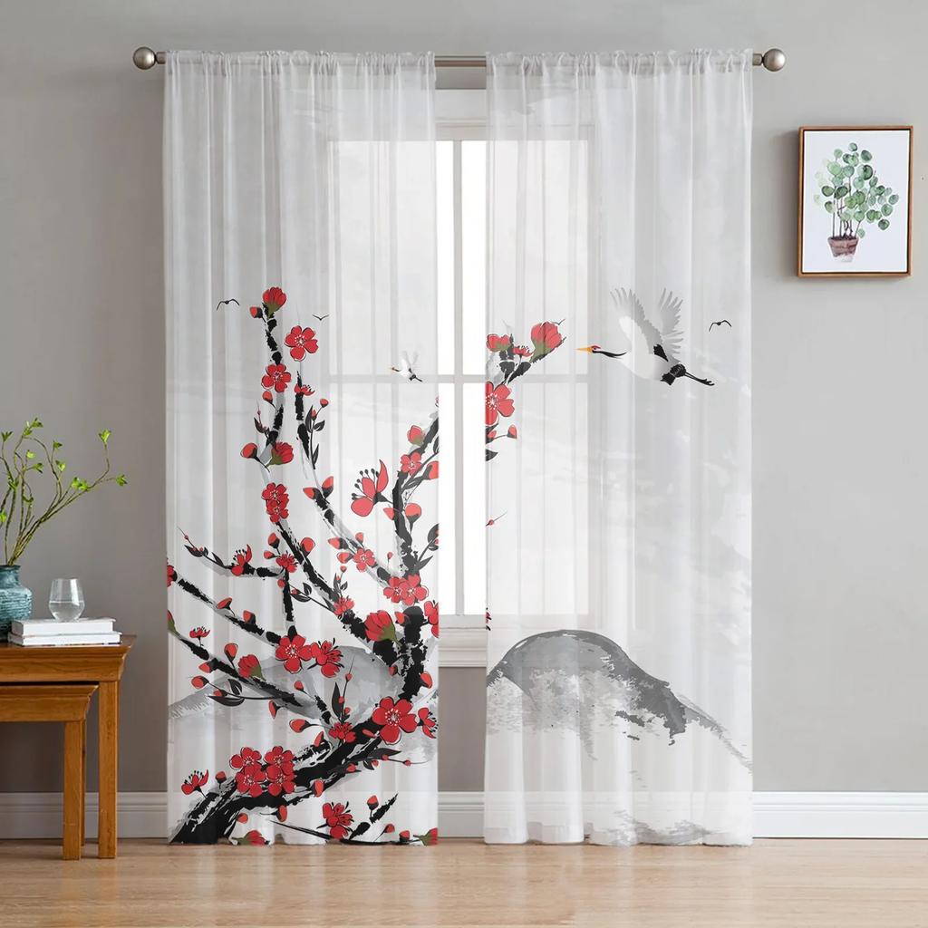 Bamboo Carp Chinese Ink Painting Tulle Curtains For Living Room Bedroom Kitchen Decoration Chiffon Sheer Voile Window Curtains
