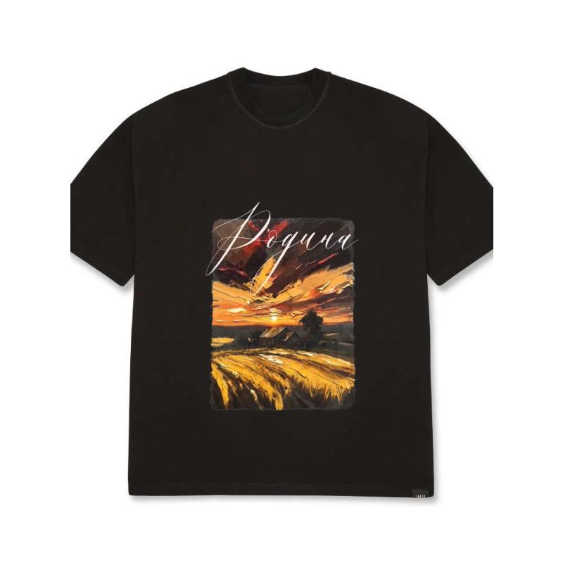 Oversized T Shirt Black Poguana Sunset Field Print Graphic Tee Unisex Casual Streetwear Top for Men and Women