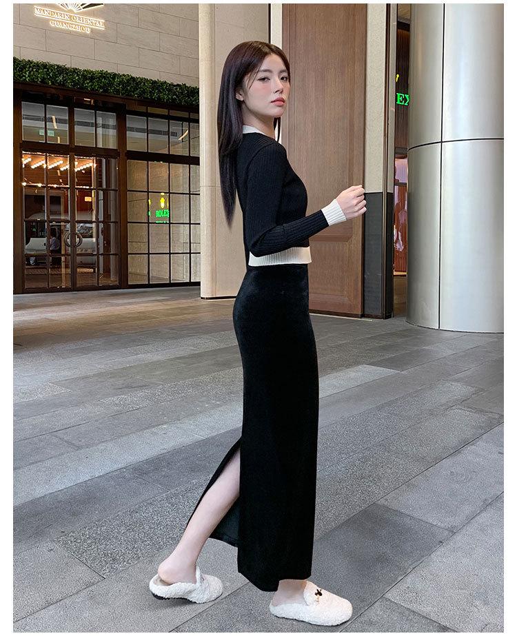 2025 Stylish Gold Velvet High-Waist Midi Skirt for Women - Black, Autumn/Winter, Sexy Long Slit