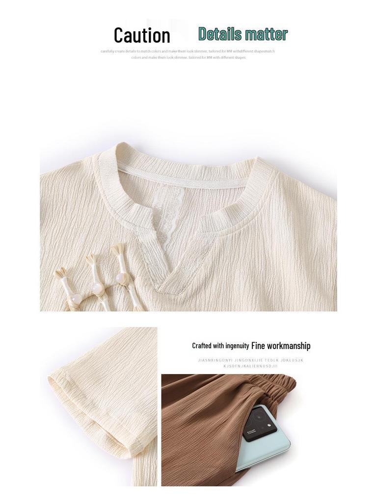 Chinese Style Summer Set: Short-Sleeved Blouse & Wide-Leg Pants for Middle-Aged Women