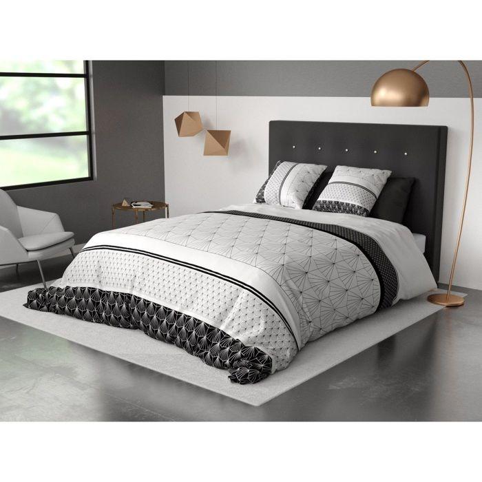 Parure De Lit - Housse Couette + 2 Taies - 260 X 240 Cm - Graphique Noir Et Blanc - 100% Coton Doux