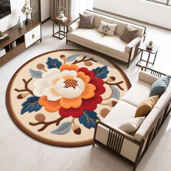 Yousheng Lotus Flower Floor Mat Round Living Room Rug Lotus Pattern Carpet with Non-Slip Backing for Home Office Bedroom Kitchen