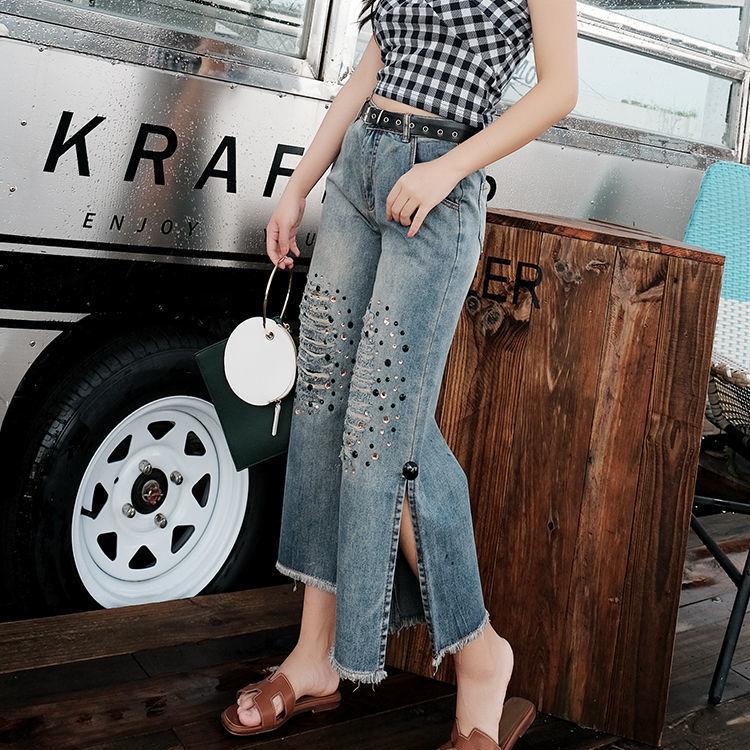 Women's Fashion Jeans with Ripped Holes and Loose Fit Wide Leg Pants