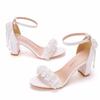 7cm Square Heel Thick Heel Shallow Mouth One-strip Sandals Beaded Tassel Flowers Bride Wedding Photography High Heel Sandals