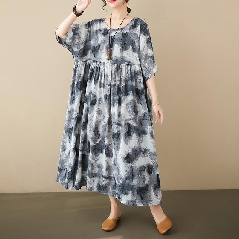 GMXIA Plus-size Women's Summer Chinese Style Flower Print Retro Artsy Dress Fat MM Skirt