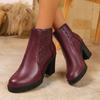 British Style Round Toe High Heel Short Boots for Women Back Zip PU Leather Autumn Winter Ankle Boots Botines Para Mujeres