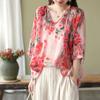 Summer Shirt Vintage Floral Print Tops Women V Neck Leisure Chic Loose Blouses Cotton Linen Thin Half Sleeve Shirts Lady