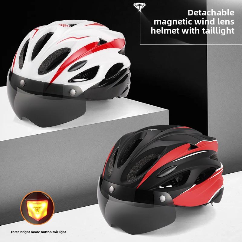 Adult Magnetic Goggles Bicycle Helmet Integrated Molding Bicycle Road Bike Riding Helmet with Tail Lights