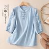 Summer New Versatile Literary and Retro Half-sleeved Cotton and Linen Top Design Button New Embroidered T-shirt Women