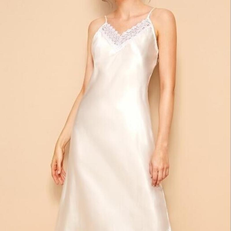 Silk Sling Lace Nightdress Women Pajamas Solid Korean Elegant V Neck Classic Basic Summer Comfortable Homewear Chic