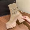 2024 New Ankle Modern Boots Cotton Fabric Lace FashionBlack Chunky High Heel Super High Platform Shoes for Women Spring Autumn