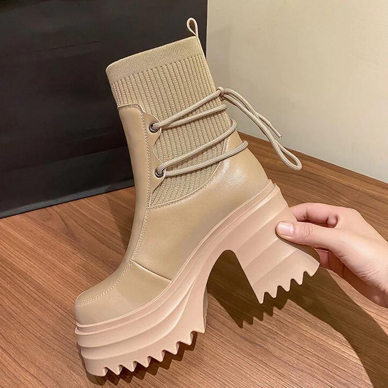 2024 New Ankle Modern Boots Cotton Fabric Lace FashionBlack Chunky High Heel Super High Platform Shoes for Women Spring Autumn