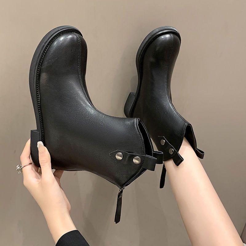 Fashion Elegant with Low Heels Female Ankle Boots Black Leather Footwear Short Shoes for Women Booties Biker 2024 New Hot Sale Gyaru In
