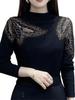Women's Plush Lace and Hot Diamond Slim T-Shirt with Half-High Collar for Autumn/Winter 2024