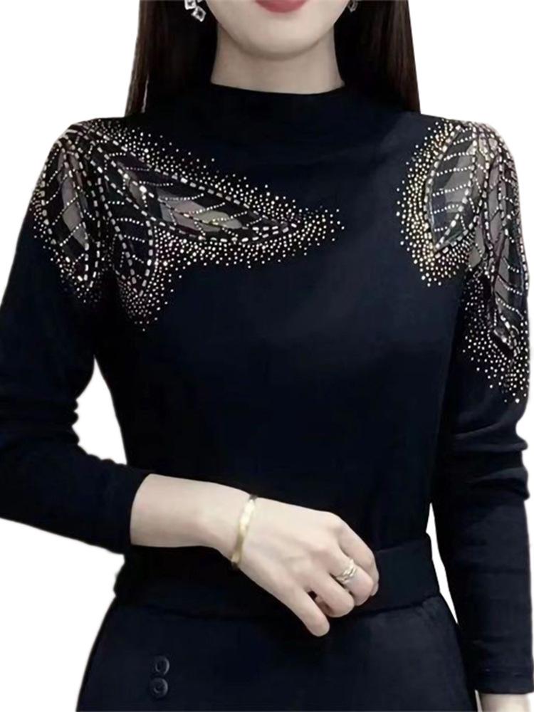 Women's Plush Lace and Hot Diamond Slim T-Shirt with Half-High Collar for Autumn/Winter 2024
