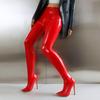Sexy Stiletto Bright Patent Leather Trousers Boots Shoes Thin High Heels Black White Red Stretch Boots Pants Shoes Chic