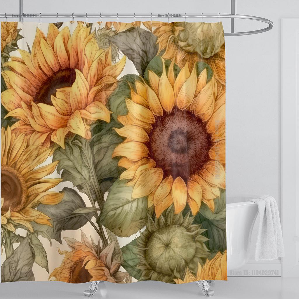 Sunflower Flower Shower Curtain Waterproof Shower Curtain Polyester Fabric 3D Printed Curtain Bathroom Decoration With Hooks