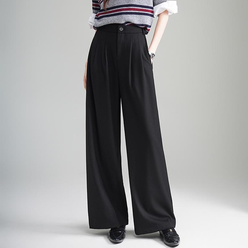 2025 Autumn Women's High Waist Grey Wool Wide-Leg Trousers - Korean Style, Floor-Length, Relaxed Fit