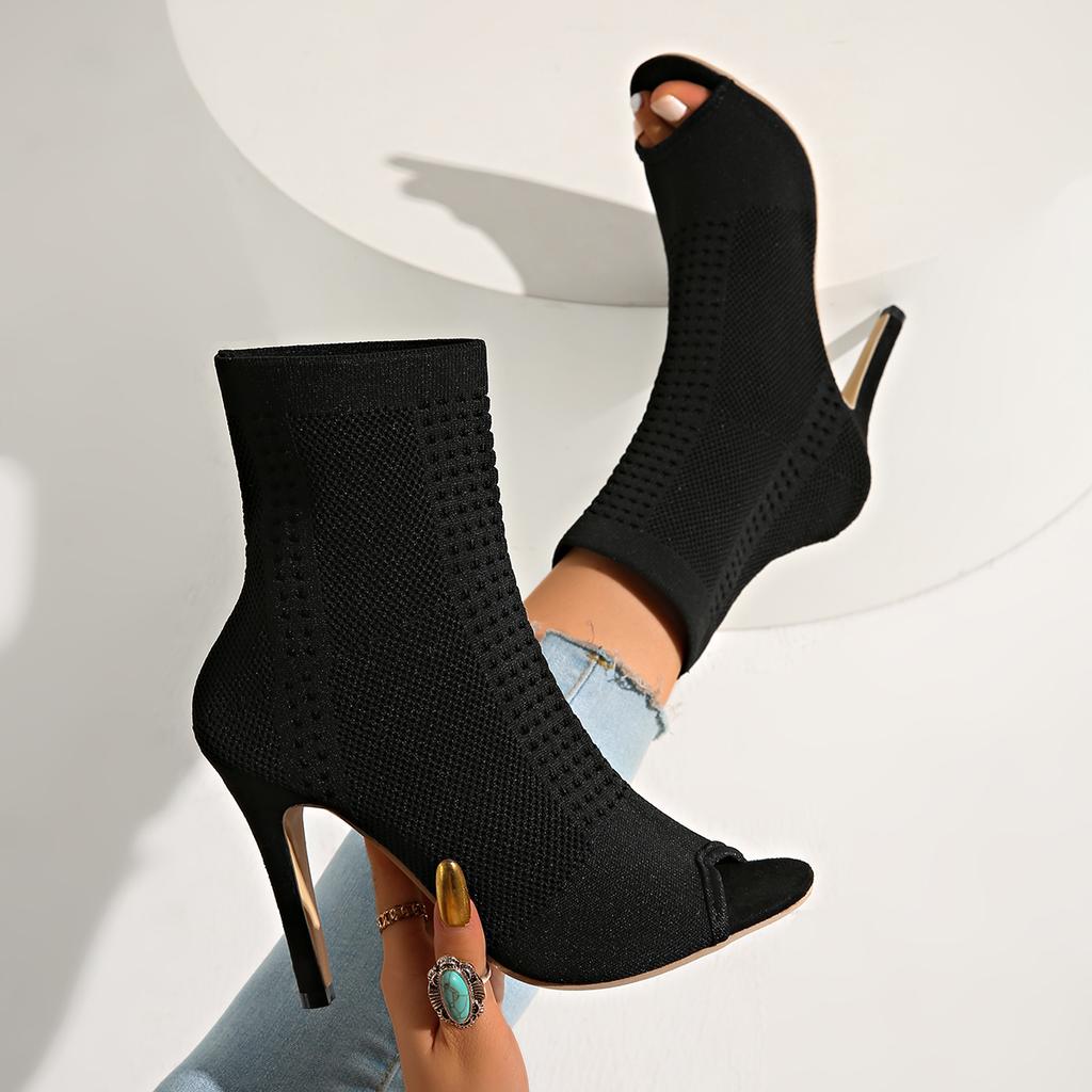 Women Sandals Hollow Out Breathable Dress Shoes for Women Peep Toe Knitting Ankle Boots Ladies High Heels Dance Shoes