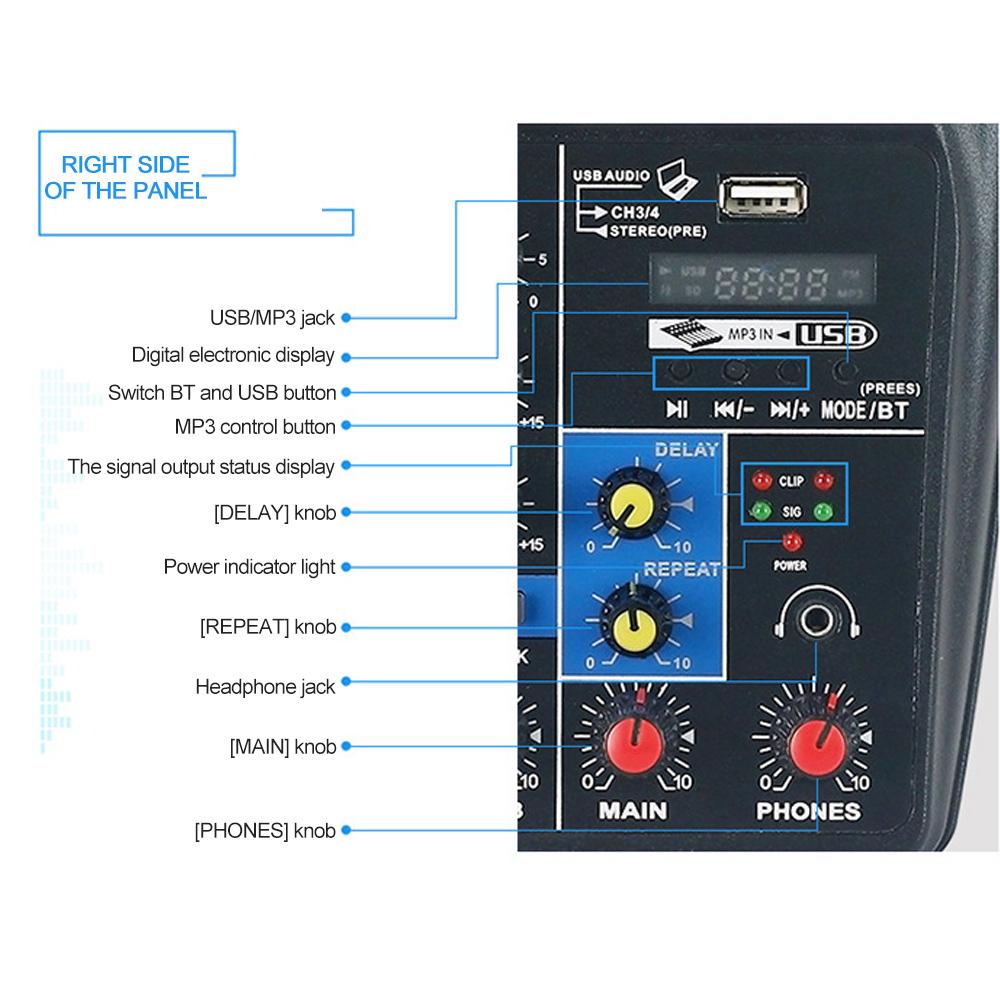 Portable 4-Channel BT Sound Mixing Console Digital Audio Mixer Built-in Reverb Effects for